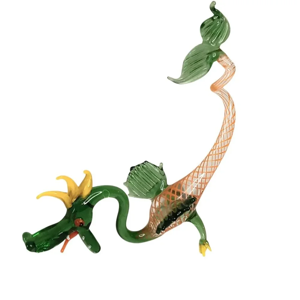 VTG Miniature Hand Blown Glass Dragon Green Yellow Orange Tongue 5